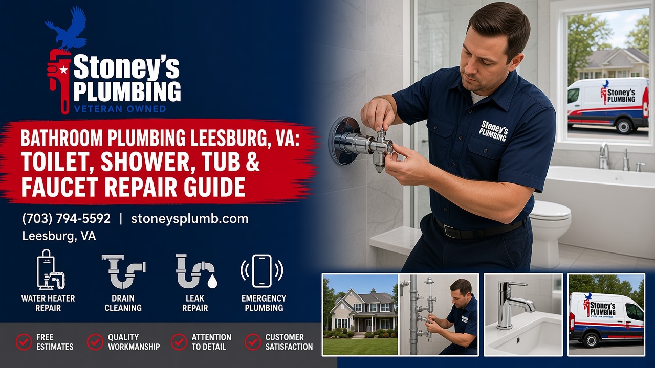 Bathroom Plumbing Leesburg Va Toilet Shower Tub Faucet Repair Guide Hero Stoney's Plumbing technician in a navy uniform repairing a chrome shower valve in a bright bathroom with a toilet and soaking tub in a Leesburg, Virginia home, with a Stoney's Plumbing van through the window and inset photos of a local home, a plumber, a bathroom faucet and the service van