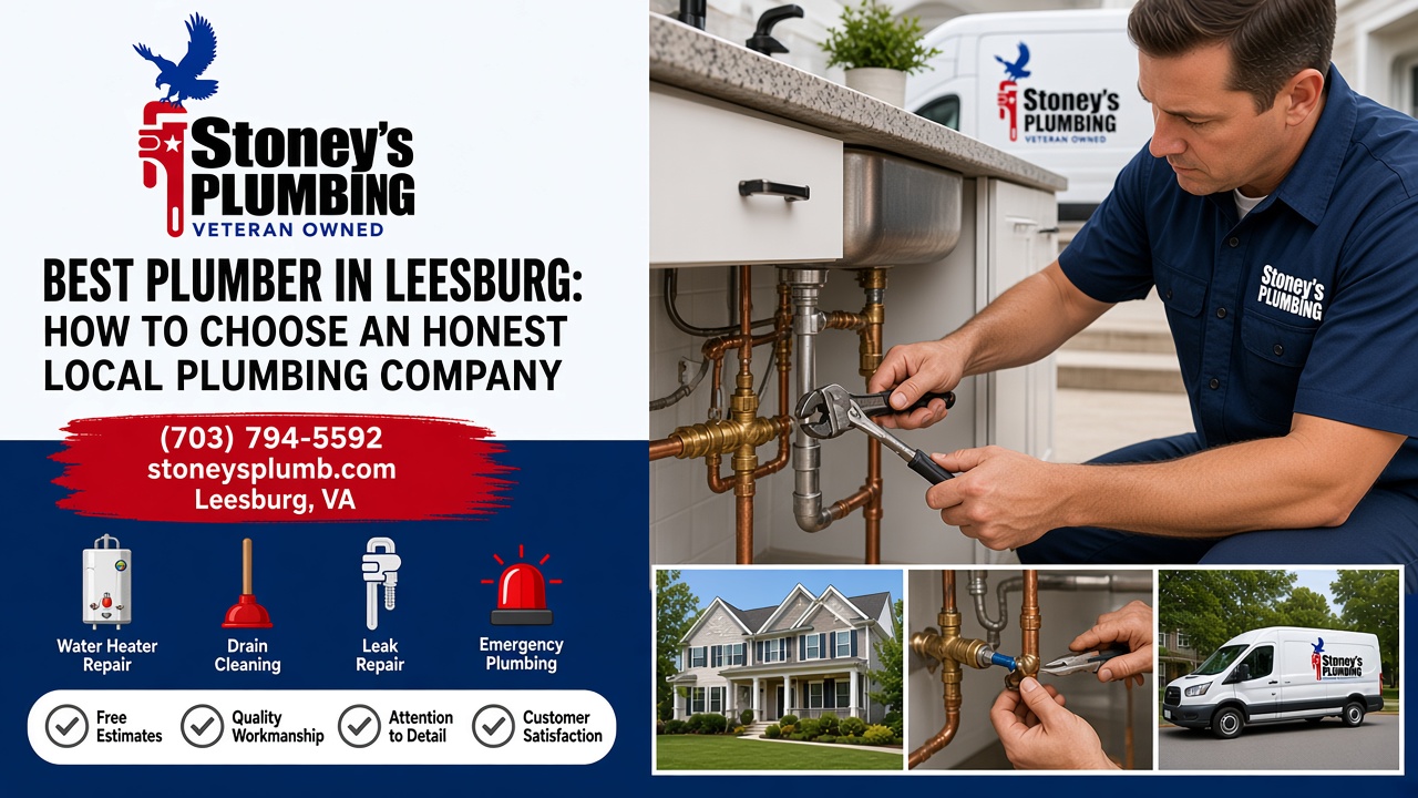 Best Plumber Leesburg Honest Local Plumbing Company Hero Stoney's Plumbing technician in a navy uniform tightening a brass fitting on copper supply lines under a kitchen sink with an adjustable wrench, a Stoney's Plumbing veteran-owned van behind him, and inset photos of a Leesburg, Virginia home, a pipe repair and the service van