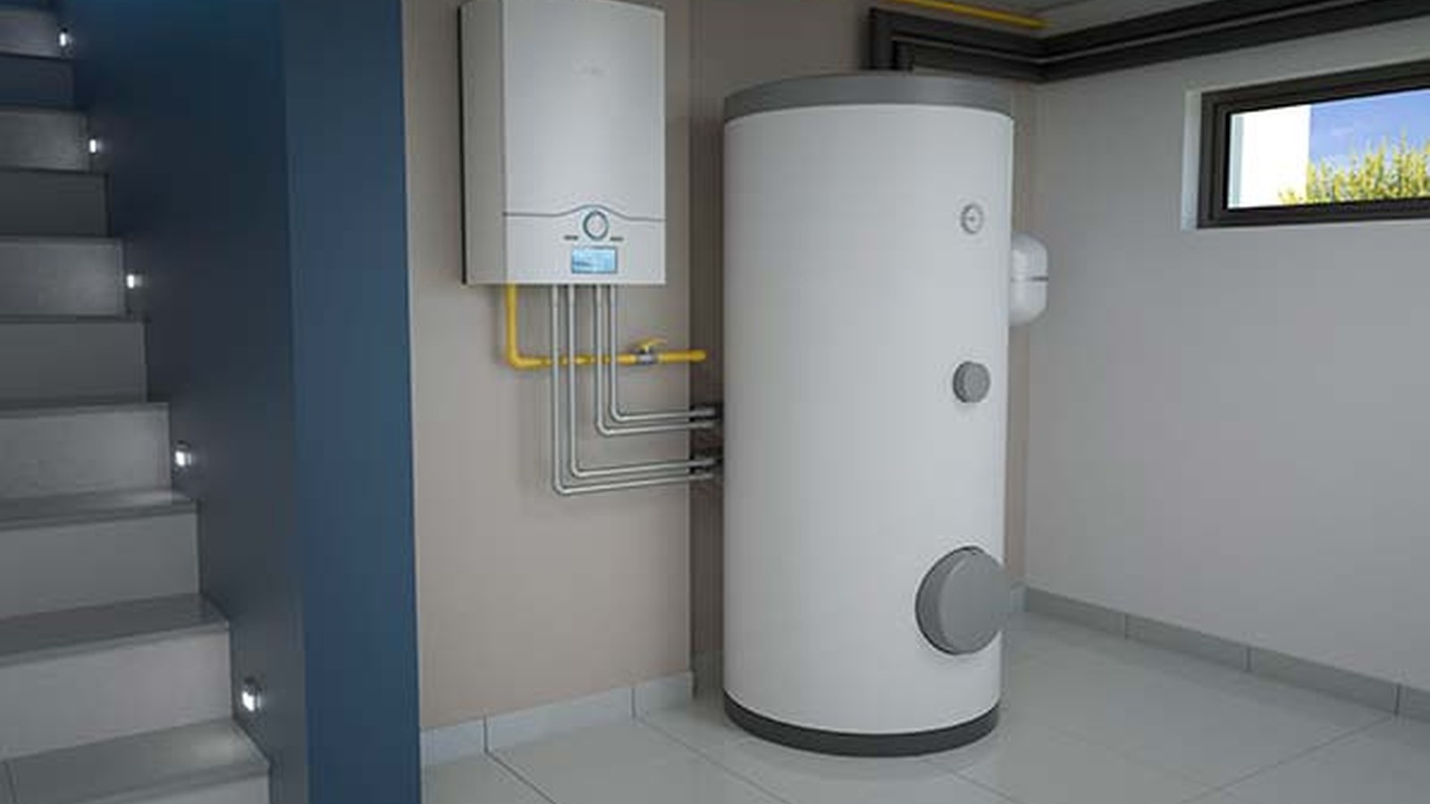 Placeholder-best-water-heater-options-for-northern-virginia-homes-tank-tankless-hybrid-compared Side-by-side residential tank and tankless water heaters installed in a clean utility room, representing tank, tankless, and hybrid options for Northern Virginia homes