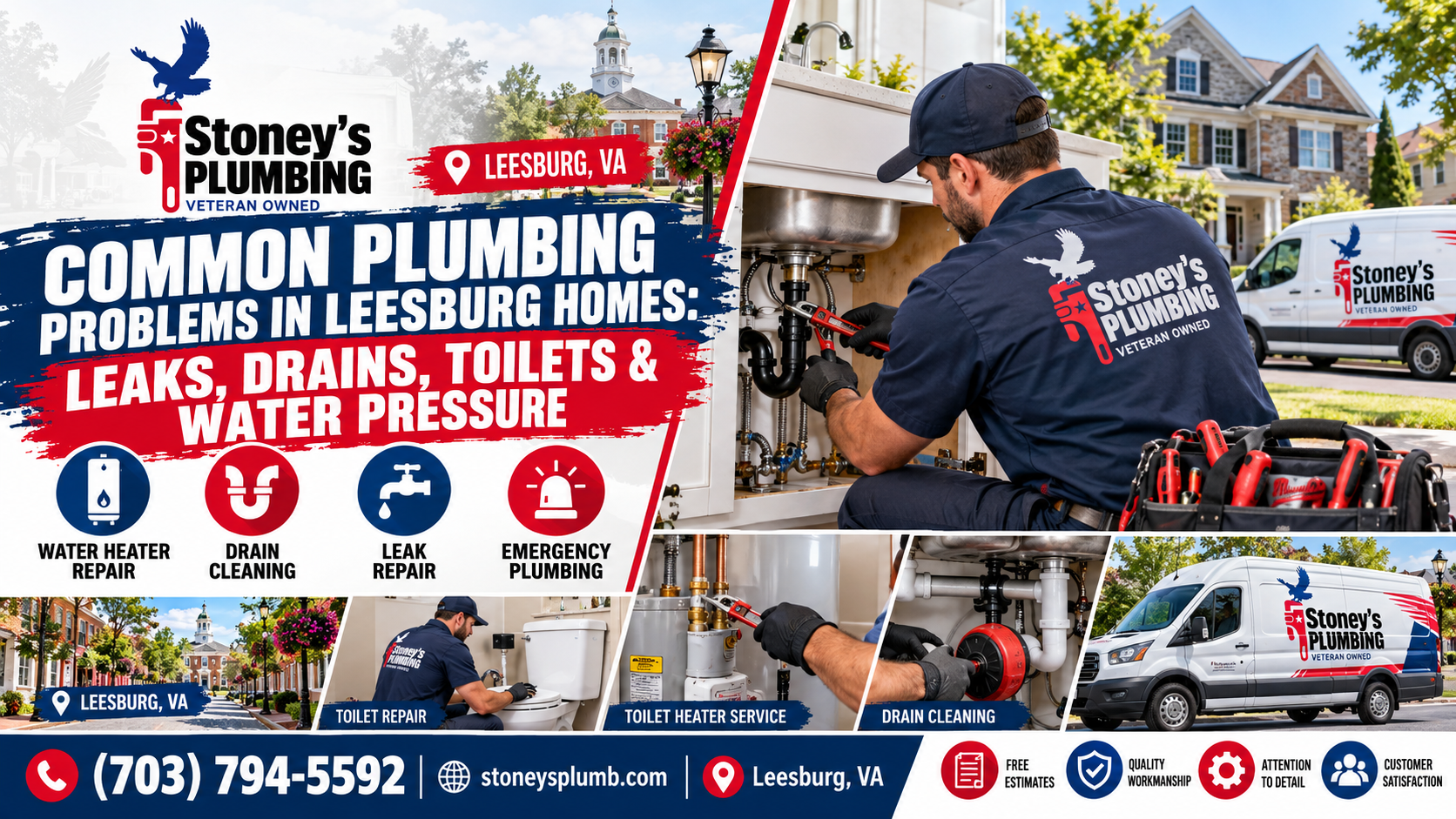Common Plumbing Problems In Leesburg Homes Leaks Drains Toilets Amp Water Pressure Common plumbing problems in a Leesburg home illustrated: a leaking sink supply line, a slow bathroom drain, a running toilet, and a weak shower stream, representing leaks, drains, toilets, and water pressure