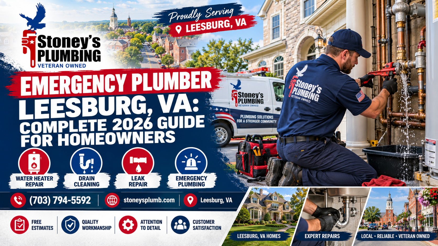 Emergency Plumber Leesburg Va Complete 2026 Guide For Homeowners Stoney's Plumbing technician in gloves working on a leaking copper water pipe with a pipe wrench beside a brick Leesburg, VA home, water spraying into a bucket, with a Stoney's Plumbing van, historic downtown Leesburg, and inset photos of local homes and under-sink repairs