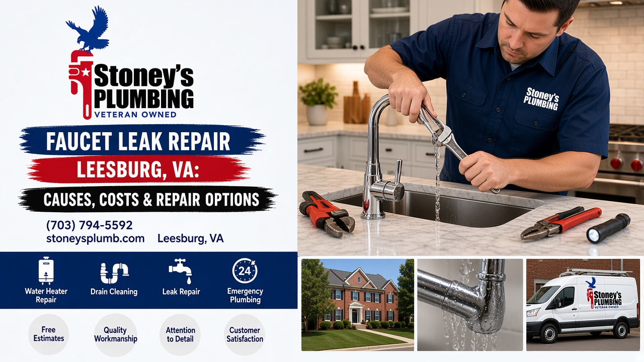 Faucet Leak Repair Leesburg Va Hero Stoney's Plumbing technician in a navy uniform using an adjustable wrench on a leaking chrome kitchen faucet over a stainless sink, with pliers and a flashlight on the counter and inset photos of a Leesburg, Virginia brick home, a dripping pipe and the Stoney's Plumbing van