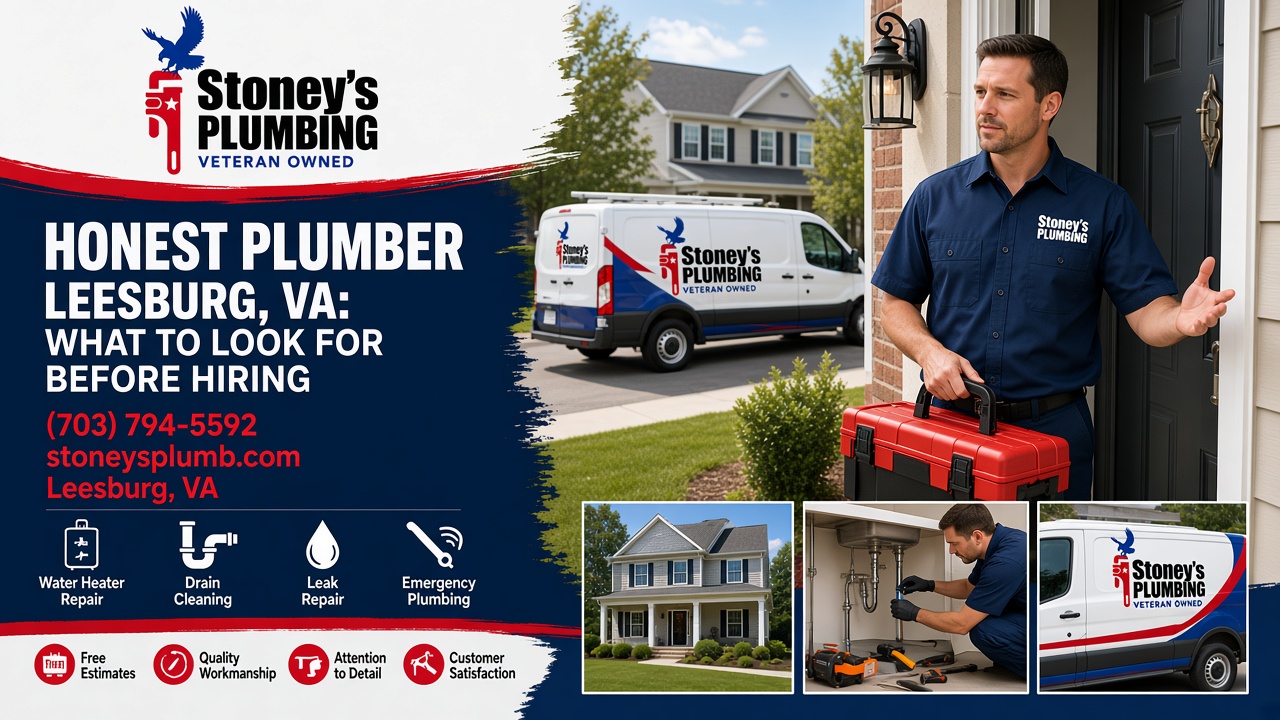 Stoney's Plumbing technician in a navy uniform holding a red toolbox at the front door of a Leesburg, Virginia home, a Stoney's Plumbing veteran-owned van parked in the driveway, with inset photos of a house, a plumber working under a sink and the service van