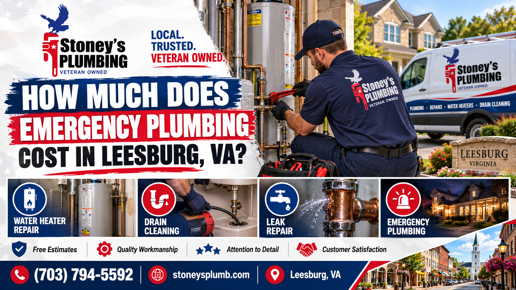 How Much Does Emergency Plumbing Cost In Leesburg Va Stoney's Plumbing technician in a navy veteran-owned uniform using a pipe wrench on the copper supply lines of a water heater, with a Stoney's Plumbing van parked by the Leesburg, Virginia welcome sign and inset photos of a water heater, drain cleaning, a leaking copper pipe and a Leesburg home at night