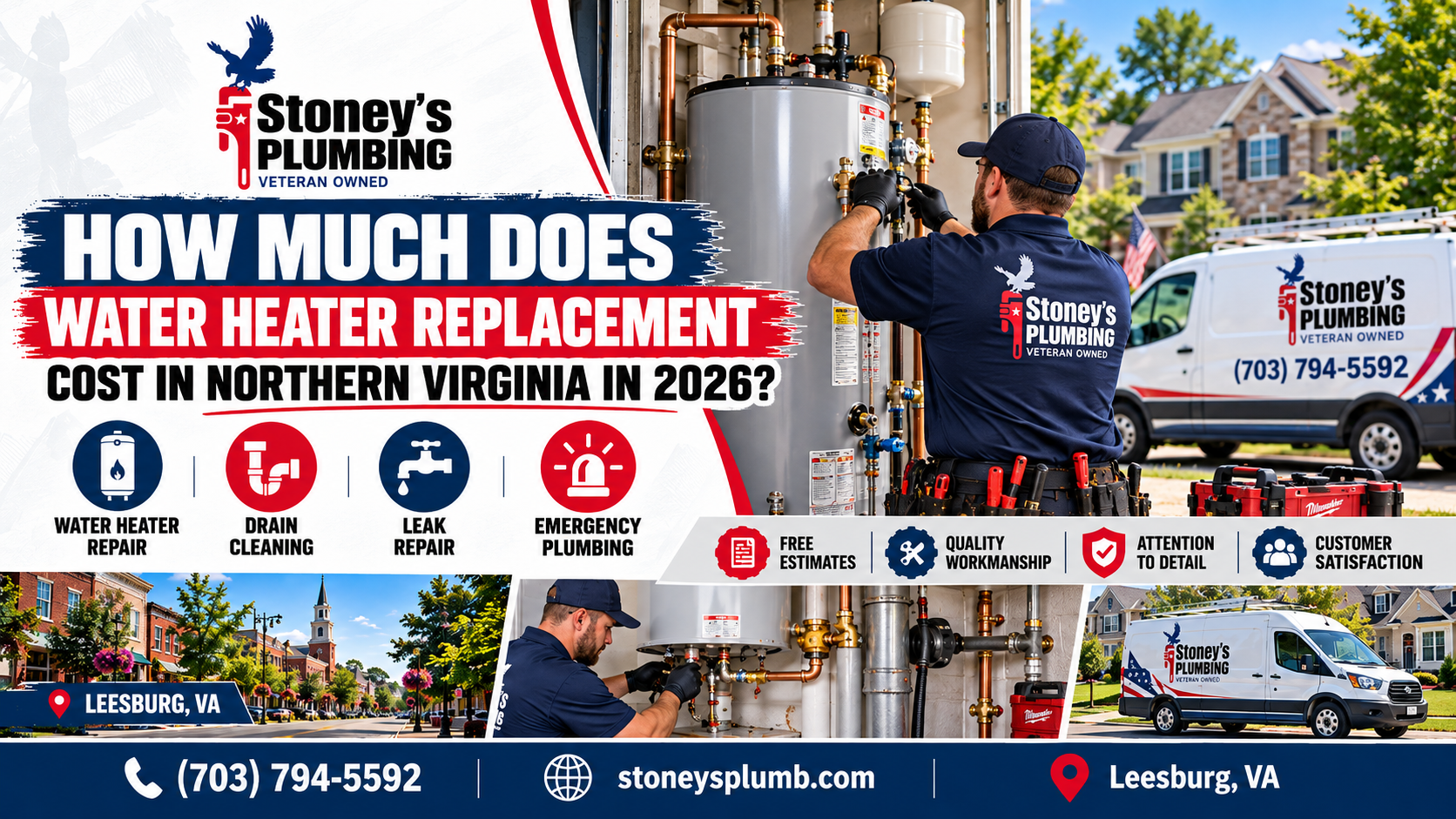 How Much Does Water Heater Replacement Cost In Northern Virginia In 2026 Stoney's Plumbing technician in a navy uniform adjusting the valves and copper piping on a gas tank water heater in a Northern Virginia home, with inset photos of a water heater installation, downtown Leesburg, and a Stoney's Plumbing van