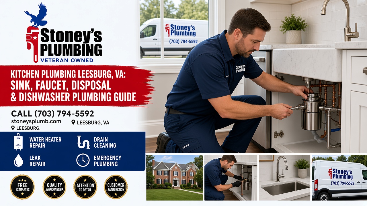 Kitchen Plumbing Leesburg Va Sink Faucet Disposal Dishwasher Plumbing Guide Hero Stoney's Plumbing technician in a navy uniform kneeling at an open kitchen sink cabinet and working on the garbage disposal and supply lines in a bright Leesburg, Virginia kitchen, with a Stoney's Plumbing van through the window and inset photos of a local home, a plumber, a kitchen faucet and the service van