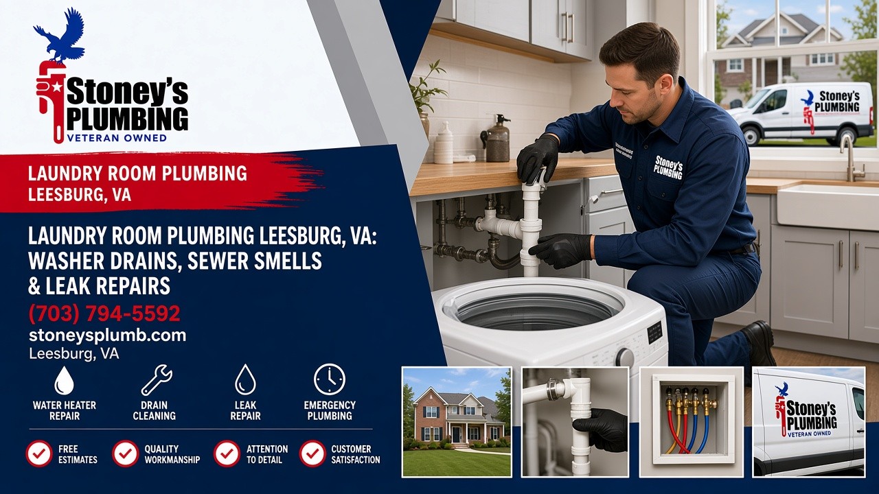 Stoney's Plumbing technician in a navy uniform working on a washing machine standpipe drain and supply valves in a bright laundry room in a Leesburg, Virginia home, with a Stoney's Plumbing van through the window and inset photos of a local home, a drain pipe, a washer outlet box and the service van