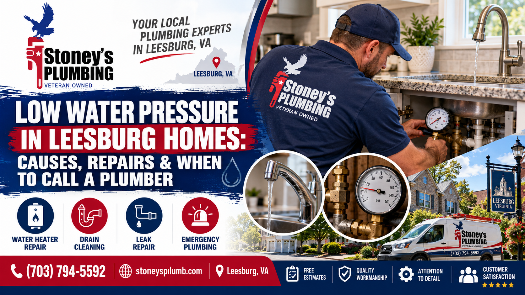 Stoney's Plumbing technician in a navy veteran-owned uniform reading a water pressure gauge on the supply valves under a kitchen sink in a Leesburg home, with inset photos of a weak faucet stream, a pressure gauge, a Leesburg street sign and a Stoney's Plumbing van