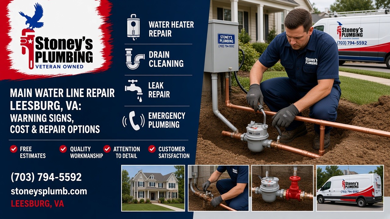 Stoney's Plumbing technician in a navy uniform repairing a copper main water service line at the water meter in an excavated front yard of a Leesburg, Virginia home, with a Stoney's Plumbing van at the curb and inset photos of a local home, a plumber, a meter and shutoff valve and the service van