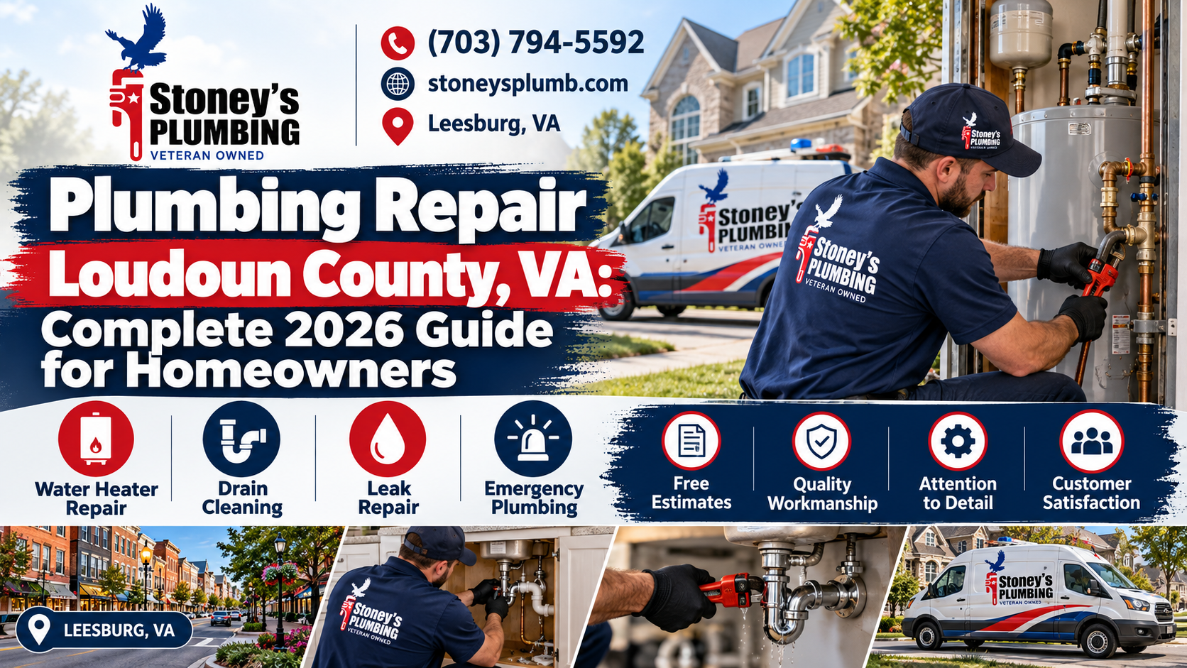Plumbing Repair Loudoun County Va Complete 2026 Guide Stoney's Plumbing technician in a navy veteran-owned uniform and black gloves tightening a copper fitting beside a water heater in a Loudoun County, Virginia home, with a Stoney's Plumbing van outside and inset photos of downtown Leesburg, an under-sink drain repair and a pipe wrench on a sink trap