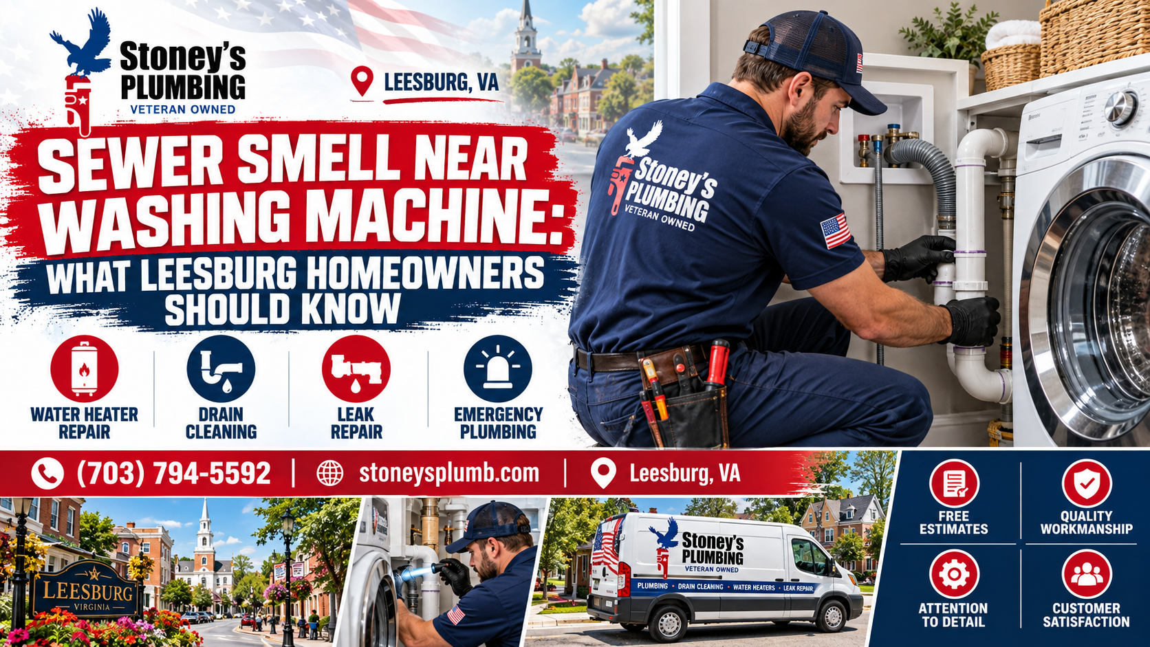 Stoney's Plumbing technician in a navy veteran-owned uniform and black gloves checking the white PVC drain standpipe and hose behind a front-load washing machine in a Leesburg laundry room, with inset photos of downtown Leesburg, a technician inspecting a washer and a Stoney's Plumbing van