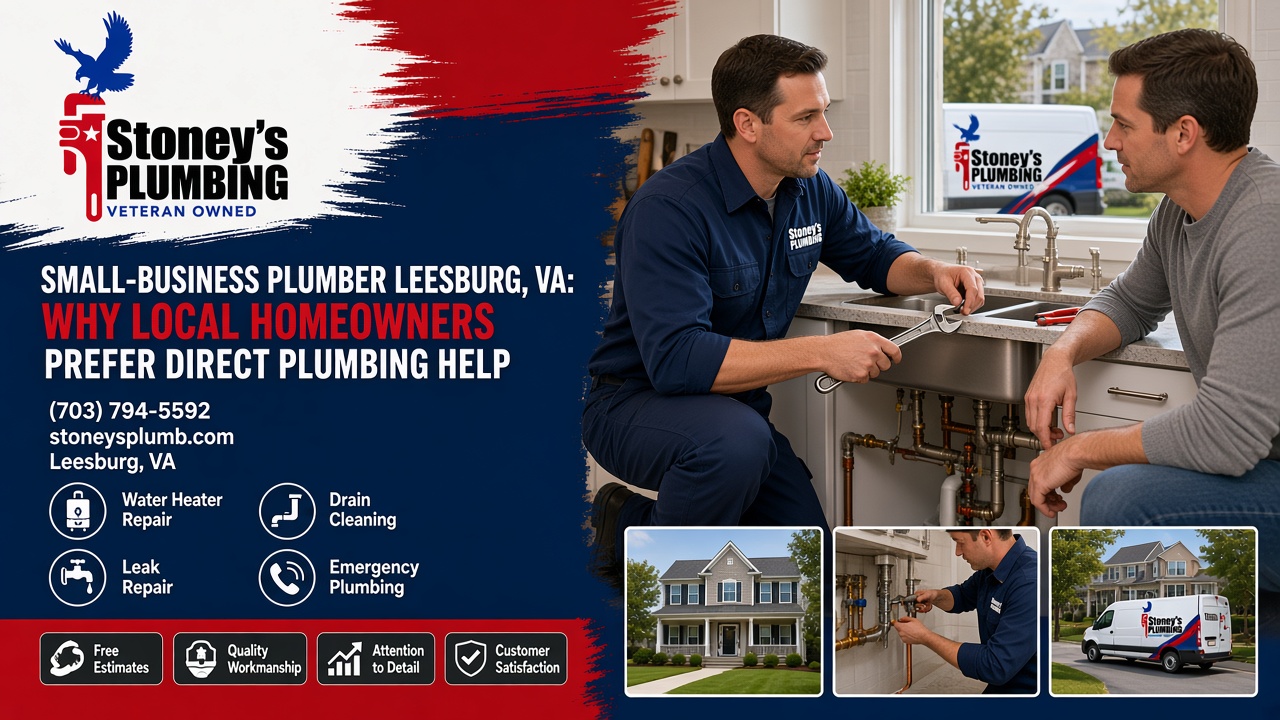 Small Business Plumber Leesburg Va Direct Plumbing Help Hero Stoney's Plumbing technician in a navy uniform holding an adjustable wrench and talking with a homeowner beside an open kitchen sink cabinet, a Stoney's Plumbing veteran-owned van visible through the window, with inset photos of a Leesburg, Virginia home, a pipe repair and the service van