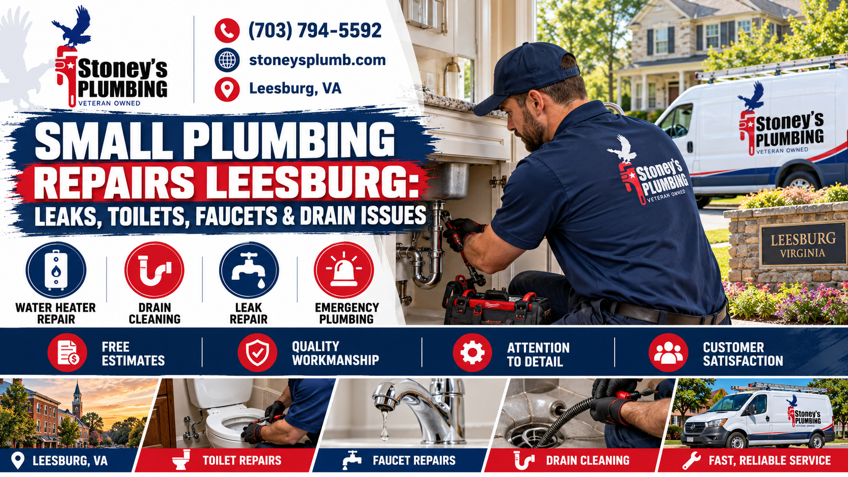 Small Plumbing Repairs Leesburg Leaks Toilets Faucets Amp Drain Issues Stoney's Plumbing technician kneeling at an open bathroom vanity and working on the sink drain trap and supply valves in a Leesburg, VA home, with inset photos of toilet, faucet, and drain repairs and a Stoney's Plumbing van in a residential neighborhood