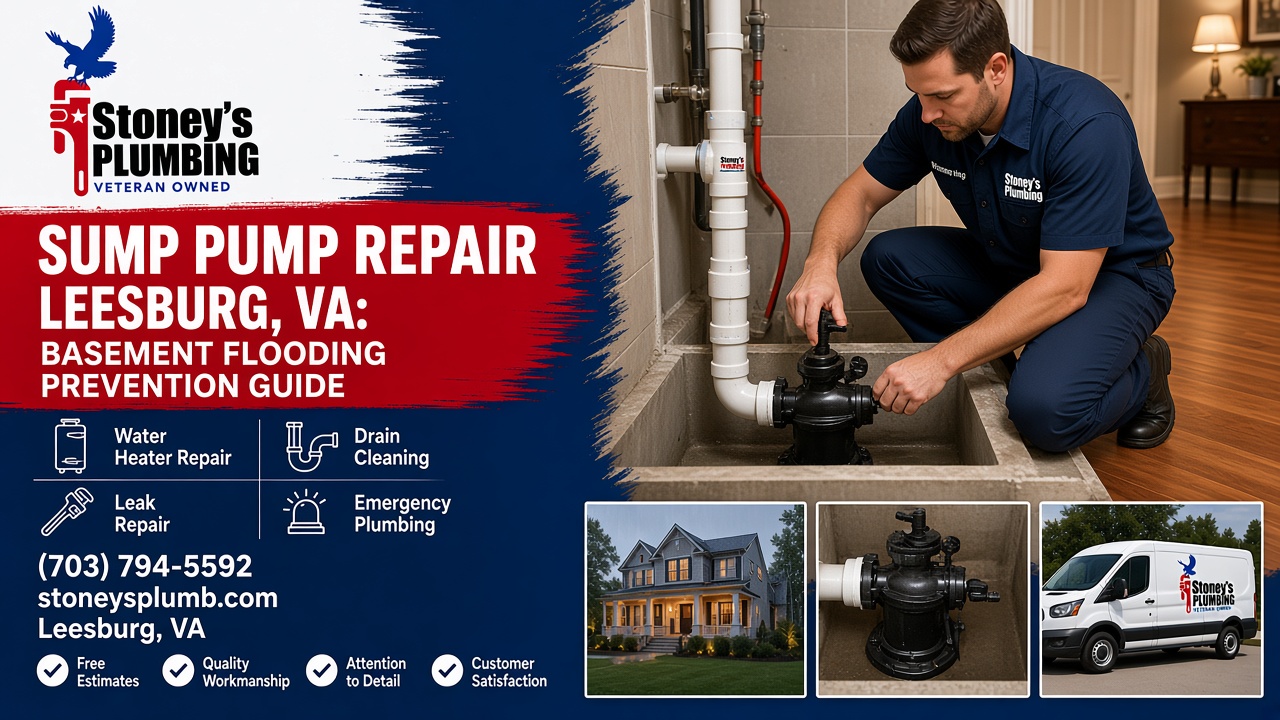 Sump Pump Repair Leesburg Va Hero Stoney's Plumbing technician in a navy uniform kneeling at a basement sump pit and adjusting a black submersible sump pump connected to a white PVC discharge pipe, with inset photos of a Leesburg, Virginia home at dusk, a sump pump and the Stoney's Plumbing van