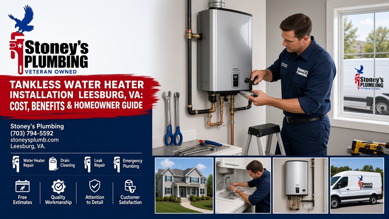 Tankless Water Heater Installation Leesburg Va Cost Benefits Homeowner Guide Hero Stoney's Plumbing technician in a navy uniform installing a wall-mounted tankless water heater with copper and gas piping in a Leesburg, Virginia home utility room, with a Stoney's Plumbing service van and inset photos of local homes and plumbing work