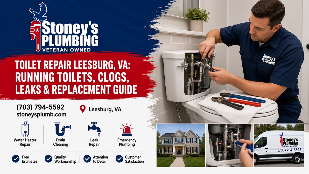 Toilet Repair Leesburg Va Hero Stoney's Plumbing technician in a navy uniform adjusting the fill valve inside an open toilet tank with wrenches resting on a towel on the lid, with inset photos of a Leesburg, Virginia home, a plumber working on supply lines and the Stoney's Plumbing van