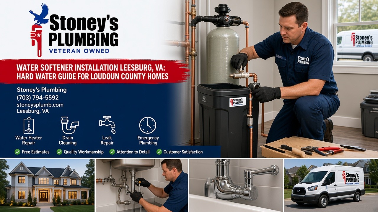 Stoney's Plumbing technician in a navy uniform connecting copper piping to a water softener resin tank and brine tank in a basement utility room, a Stoney's Plumbing van visible through the window, with inset photos of a Leesburg, Virginia home, a plumber under a sink, a faucet and the service van